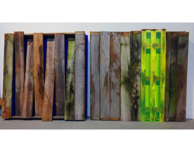 Blue and Green Wall<br>reclaimed lumber, color acrylic panel<br>4ft x 8ft x 8in