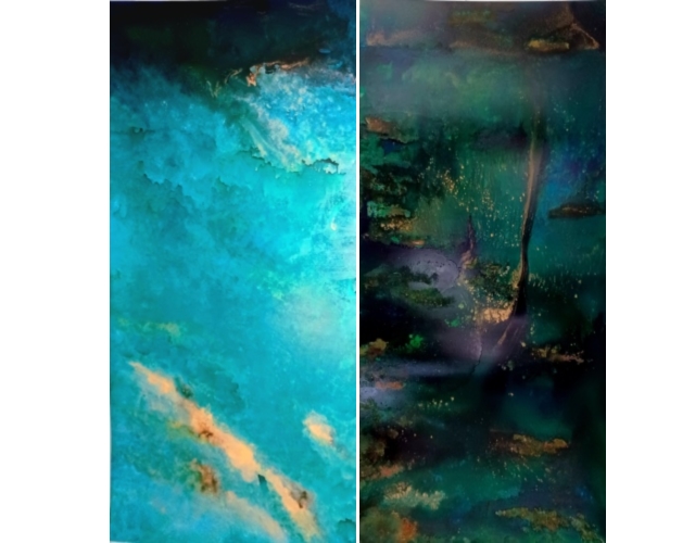 Sea and Sky<br/>KeysArts Art in Public Places<br/>Islamorada Florida<br/>Patinaed Steel panels, 84in x 43in each
