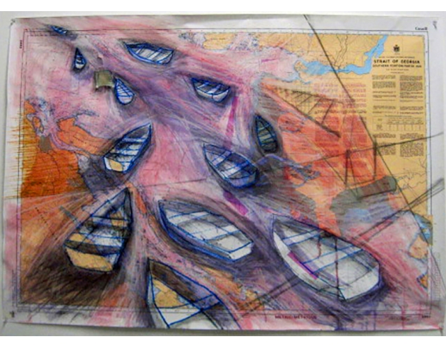 Straits of Georgia<br>nautical map, oil stick, watercolor<br>36in x 46in